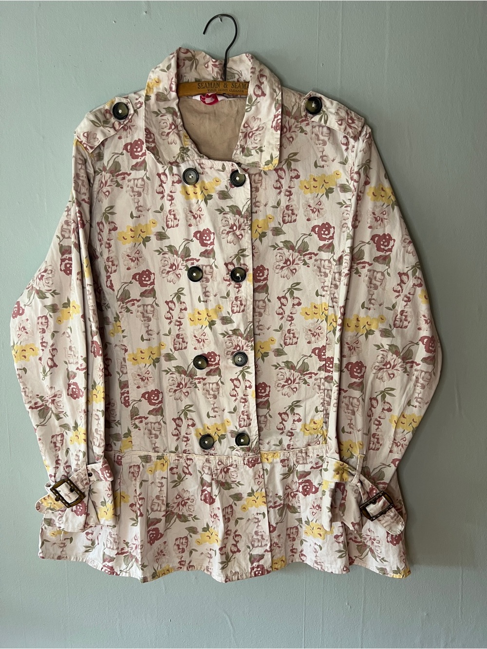 Simply Be Beige double breasted floral denim Jacket with Pink and yellow Flowers